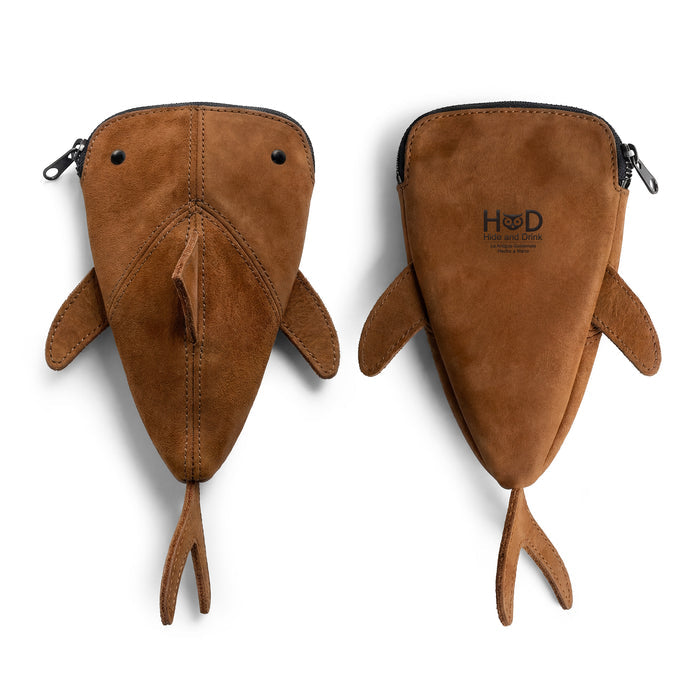 Top view of Hide & Drink Leather Shark Pouch highlighting its unique shark shape and artisan detail, versatile enough to serve as a wallet, makeup bag, or stuffed animal, handcrafted in small batches.