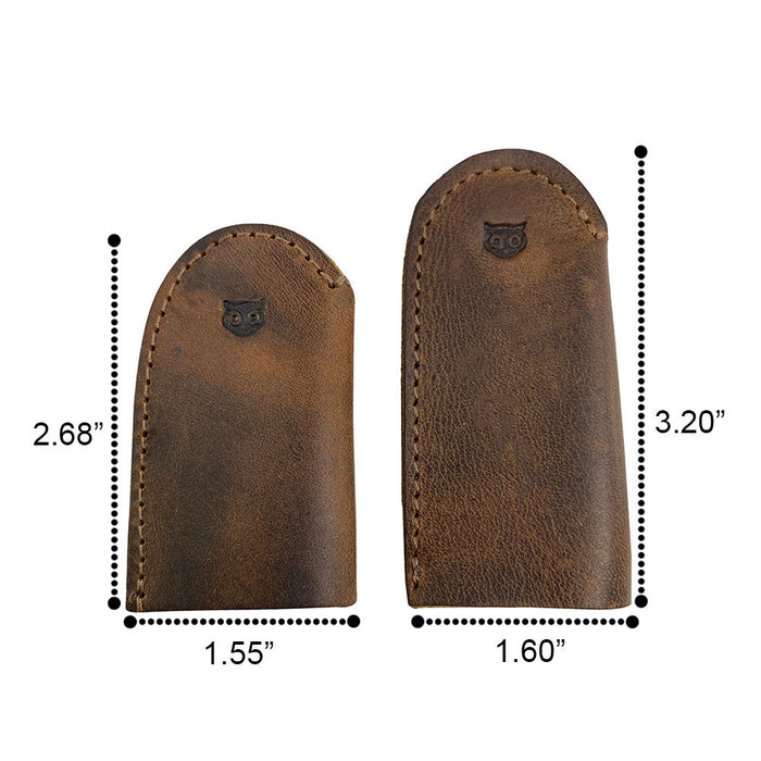 Leather Thimble for Thumb & Index Finger (3 Paires) by Hide & Drink showcased with a display card detailing artisan craftsmanship. This image captures a set of 3 pairs (6 pieces) of leather thimbles, perfect for finger protection during sewing, hand appliqué, EPP, and quilting. Made from durable full grain leather, StockyardX presents these uniquely handmade thimbles, expertly hand cut and hand sewn, fire branded, and crafted in La Antigua Guatemala & Oaxaca Mexico.