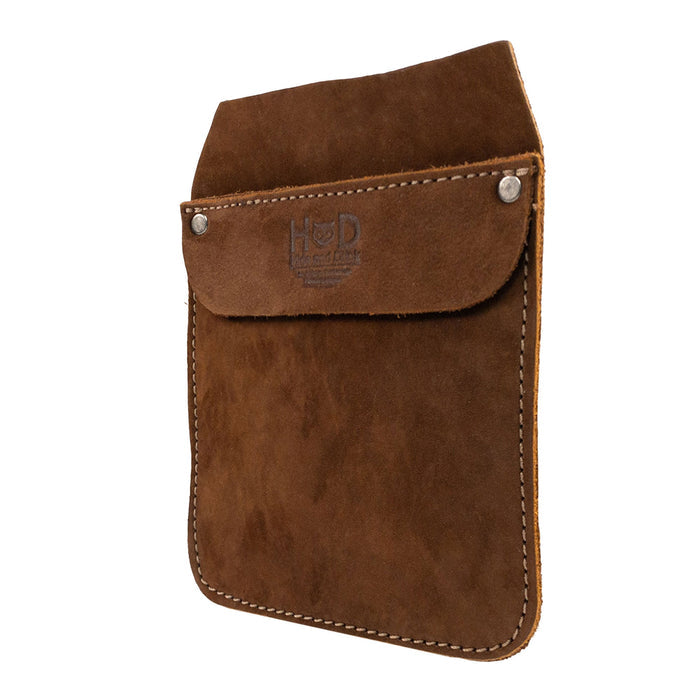 Hide & Drink Leather Work Pocket displayed upright, emphasizing its robust design. This Leather Work Pocket is ideal for holding office supplies and tools, crafted from premium Full Grain Leather to ensure lasting durability.