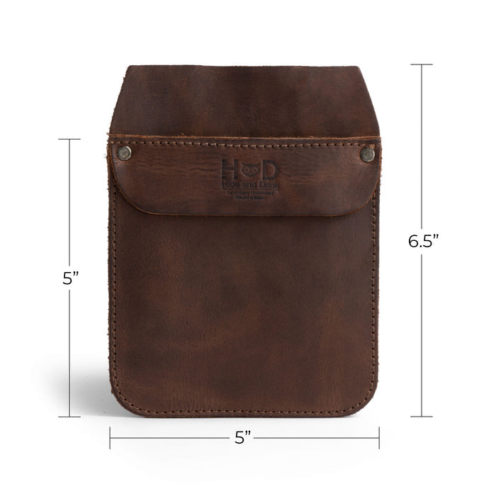 Front view of Hide & Drink Leather Work Pocket, measuring 5 inches by 6.5 inches and handmade using premium Full Grain Leather. A stylish yet practical Work Pocket Organizer for Tools designed for everyday essentials.