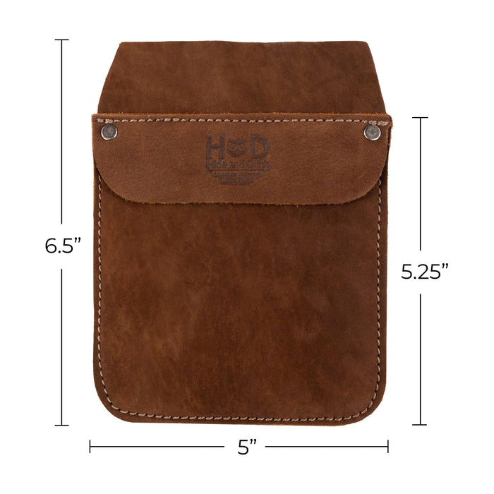 Hide & Drink Leather Work Pocket presented alongside promotional materials, showcasing its artisanal quality. Made from Full Grain Leather, this Work Pocket Organizer for Tools is crafted to meet the needs of busy professionals.