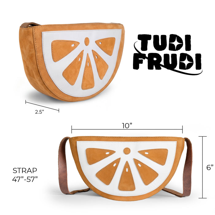 Dimensions comparison of the Lemon-Shaped Shoulder Bag by Tudi Frudi, illustrating size suitability. This Lemon-Shaped Shoulder Bag with Adjustable Strap is versatile as a Messenger Bag and Vintage Purse. Constructed from durable Full Grain Leather, it's a product of Small Batch Production, featuring hand cut and hand sewn craftsmanship by artisans in La Antigua Guatemala & Oaxaca Mexico.