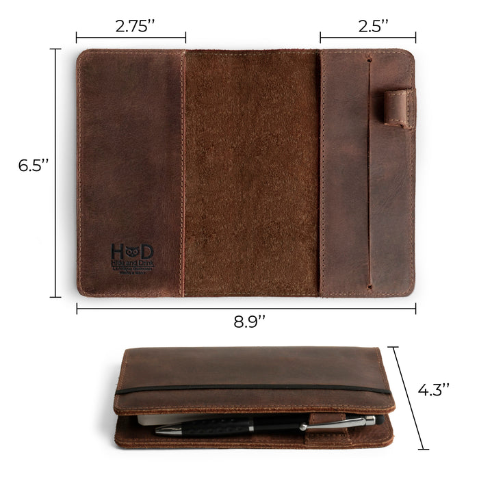 Dimensions and layout of Leuchtturm A6 Hardcover Case by Hide & Drink, showing the external and internal sections. This design acts as a Leather A6 Notebook Cover for Leuchtturm 3.6 x 5.9 in, making it a versatile refillable mini planner case and travel journal cover for men; compatible with Moleskine & Hobonichi as a travelers pocket portfolio binder.