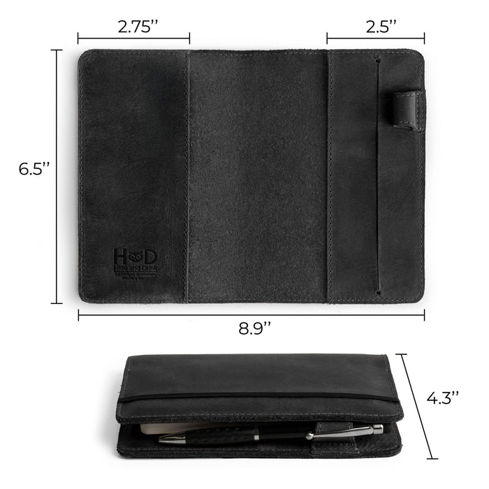 Dimensions view of Leuchtturm A6 Hardcover Case by Hide & Drink in black leather, illustrating size and compartments. Acts as a Leather A6 Notebook Cover for Leuchtturm 3.6 x 5.9 in, perfect for a refillable mini planner case and travel journal cover for men; suitable for Moleskine & Hobonichi, and serves as a travelers pocket portfolio binder.