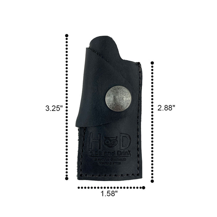 Close-up view of the dimensions of the Hide & Drink Lighter Protective Case, demonstrating the precise handmade details from artisans in La Antigua Guatemala & Oaxaca Mexico. Tags: Lighter Protective Case, Full Grain Leather, Artisan.