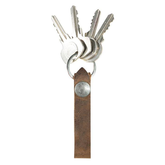 Hide & Drink Loop Keychain featuring a rustic design and belt loop, perfect for organizing keys. Crafted from full grain leather, this artisan keyring organizer is handmade in La Antigua Guatemala & Oaxaca Mexico with small batch production, hand cut, and fire branded.