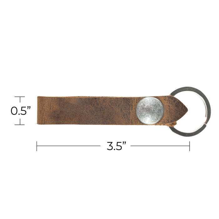Hide & Drink Loop Keychain showcasing precise dimensions of 3.5" length and 0.5" height. This rustic keychain with belt loop, slim strap for keys, is crafted from full grain leather by artisans in La Antigua Guatemala & Oaxaca Mexico, ensuring quality handmade craftsmanship.
