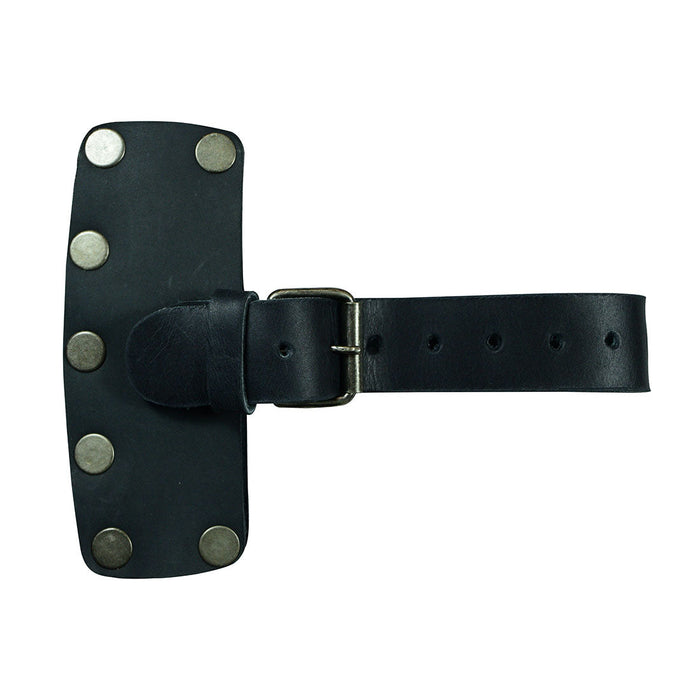 Close-up view of the Hide & Drink Lumberjack Axe Sheath reflecting its sturdy adjustable strap and quality craftsmanship. This protector holster is made from full grain leather, showcasing the artisan skills involved in handmade production.