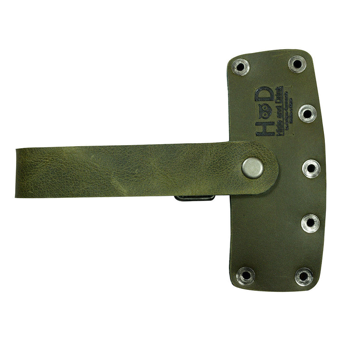 A detailed look at Hide & Drink Lumberjack Axe Sheath featuring a rustic leather finish and adjustable strap. This protector holster is an artisan crafted piece made from durable full grain leather.