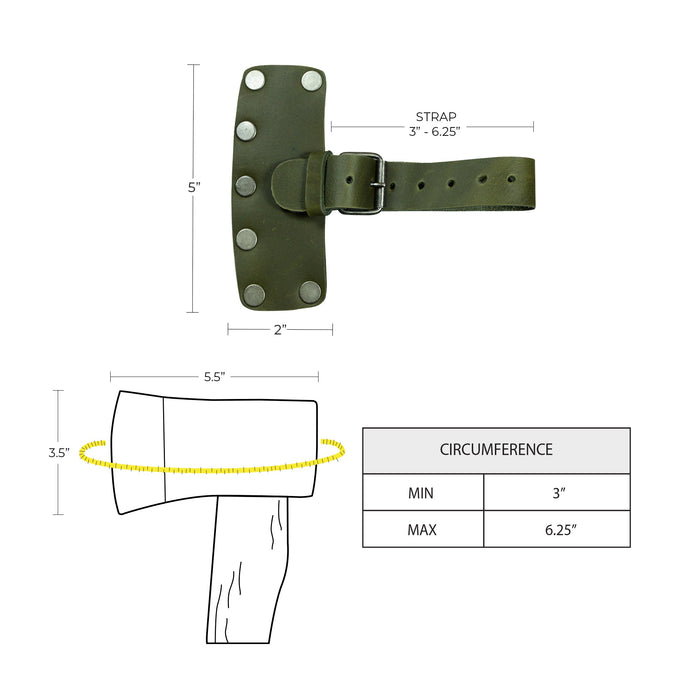 Close-up view of the Hide & Drink Lumberjack Axe Sheath demonstrating craftsmanship in full grain leather and a functional adjustable strap. This rustic protector holster is perfect for any hatchet.