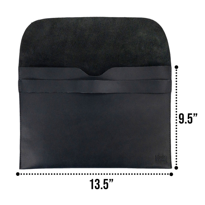 The front view of the black Hide & Drink MacBook Slim Case, presenting a refined and functional design. This case fits MacBook Air/Pro 13 Inch with M1 Chip, made with full grain leather, highlighting the artisan's hand sewn and hand cut excellence.