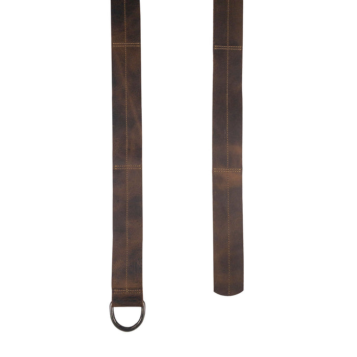 Flat view of the Medieval Belt with Stitching from Valhalla Gear, featuring a half-ring closure and durable full grain leather. This Medieval Belt for Men with Stitching is perfect for renaissance knights, showcasing artisan quality through hand cut and hand sewn techniques made in La Antigua Guatemala & Oaxaca Mexico.