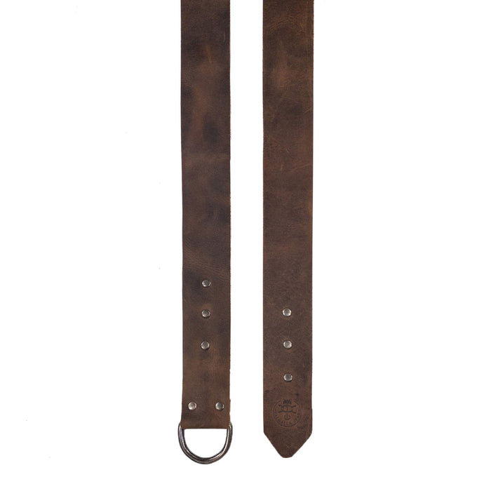 Flat view of Valhalla Gear's Leather Medieval Belt, showcasing the elegance of Full Grain Leather. This Renaissance Viking Belt for Men is a perfect choice for historical costumes, cosplay, or themed events. Handmade in La Antigua Guatemala, it features a unique half-ring closure and small batch production for a beautiful finish that stands out.