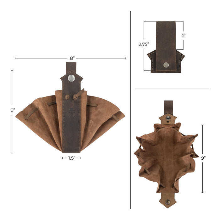 Dimensions and specifications of the Medieval Drawstring Pouch by Valhalla Gear, measuring 8 inches in height and 9 inches in width, crafted from Full Grain Leather, showcasing artisanal work from La Antigua Guatemala & Oaxaca Mexico.