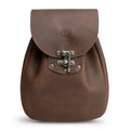 Front view of a Full Grain Leather Medieval Style Belt Bag by Valhalla Gear, showcasing its unique design and hardware. Perfect as a Waist Bag or Camping Pouch for Essentials, this Artisan piece is part of Small Batch Production, Hand Cut, Hand Sewn, and Fire Branded, highlighting its Handmade quality in La Antigua Guatemala & Oaxaca Mexico.