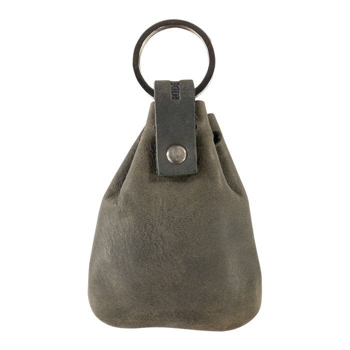 Front view of the Mini Medieval Pouch Keychain by Hide & Drink, emphasizing the drawstring closure. This tiny bag with keyring is crafted from full grain leather and effectively serves as a coin organizer while showcasing artisan craftsmanship from La Antigua Guatemala.