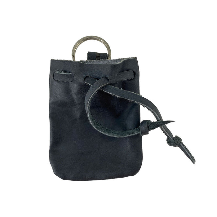 The Mini Medieval Pouch Keychain by Hide & Drink in olive leather with a keyring displayed. This tiny bag with keyring serves as a coin organizer or pouch, featuring artisan, hand-cut craftsmanship from La Antigua Guatemala.