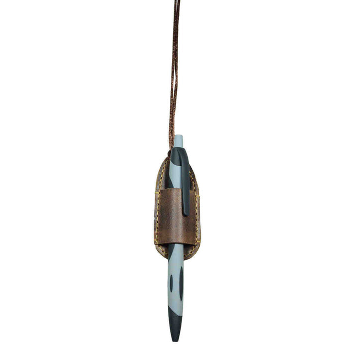 Hide & Drink Mini Pen Holder elegantly displaying a pen with a neck strap attached. This Lanyard Pen Holder made from Full Grain Leather is perfect for those seeking stylish Office Supplies and Bookworm Accessories. Handmade in La Antigua Guatemala, each pen holder is crafted with small batch production techniques, featuring hand cut and hand sewn artistry.