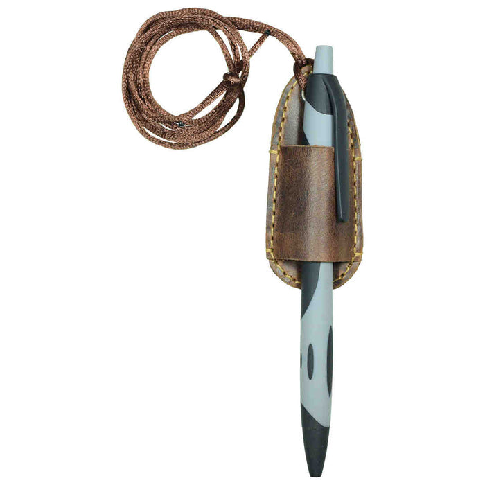 Showcasing Hide & Drink's Mini Pen Holder, this image features a pen secured in a Full Grain Leather Lanyard Pen Holder. A practical addition to any Office Supplies collection, it also serves as a stylish Bookworm Accessory. Each piece is handmade in La Antigua Guatemala, emphasizing quality in small batch production with hand cut and hand sewn finishes.