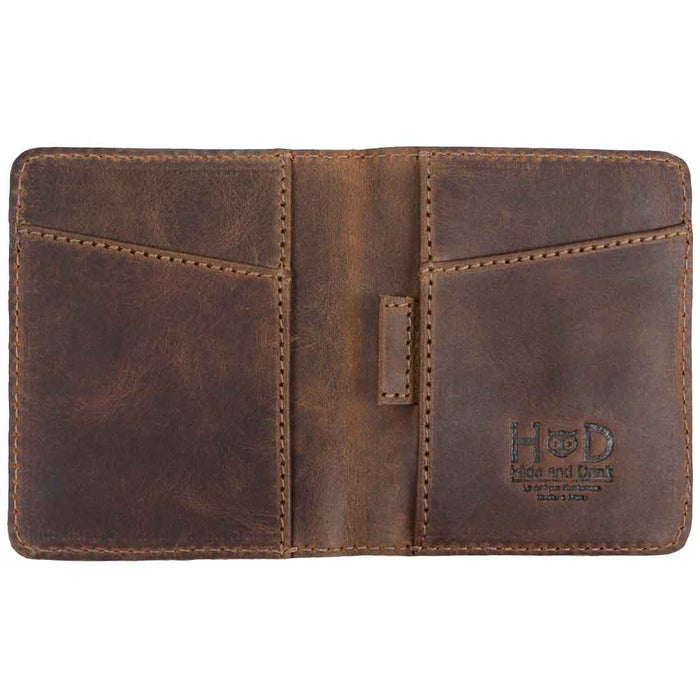 Inside view of the Hide & Drink Minimalist Bi-fold Wallet with card slots and a cash holder. Made from fine full grain leather, this wallet accommodates up to 6 cards plus folded bills, showcasing artisan craftsmanship through hand cutting and hand sewing, embodying everyday accessories for modern living.