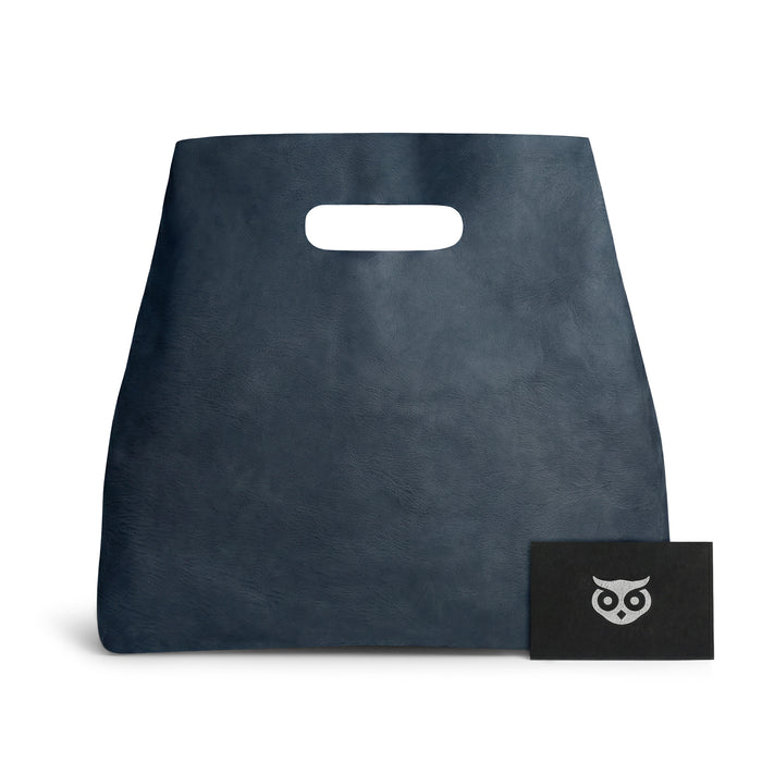 Front view of the Hide & Drink Minimalist Boho Handbag in a blue leather finish, showcasing its artisan design. This elegant Minimalist Handbag for Women is ideal for shopping and everyday carry, crafted in La Antigua Guatemala & Oaxaca Mexico.
