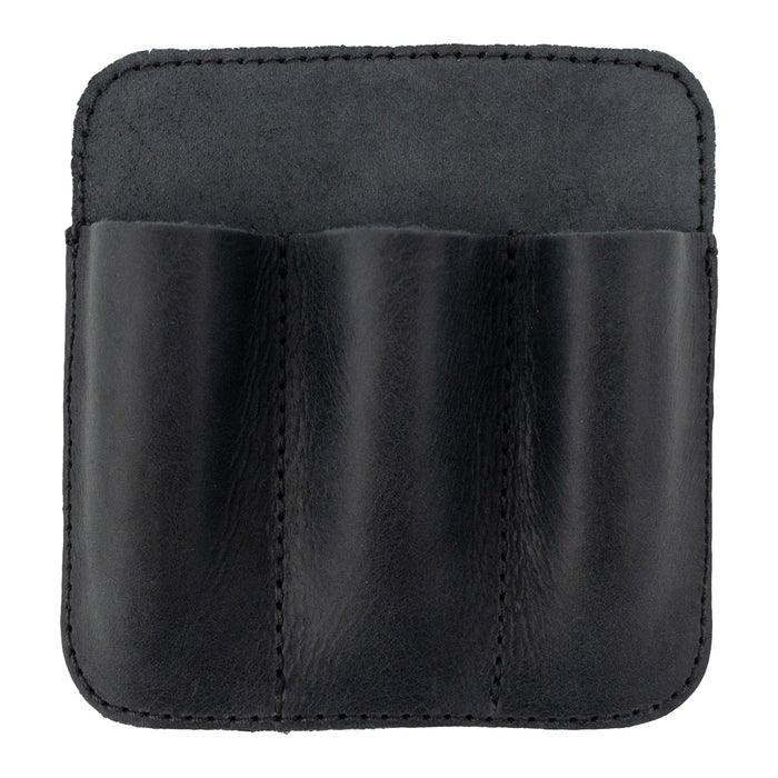 Front view of the Hide & Drink Minimalist Tool Pocket in a sleek black finish, presenting its elegant design. This Tool Pocket Pouch, crafted from Full Grain Leather, is hand cut and sewn, highlighting the skill of local artisans in La Antigua Guatemala with a commitment to small batch production.