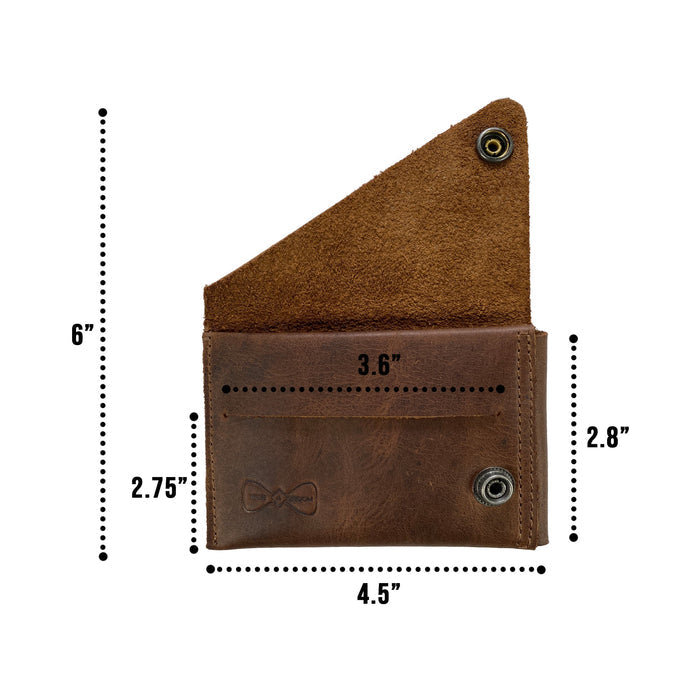 Measurement illustration of the Hide & Groom Minimalist Wallet, detailing its dimensions and unique design features. This wallet, made from full grain leather, represents the artisanal craft of small batch production in La Antigua Guatemala. Minimalist Wallet - Business Card & Money Holder, Stylish Compact Money Organizer, Full Grain Leather, StockyardX, Small Batch Production, Hand Cut, Hand Sewn, Fire Branded, Artisan, Handmade in La Antigua Guatemala & Oaxaca Mexico.