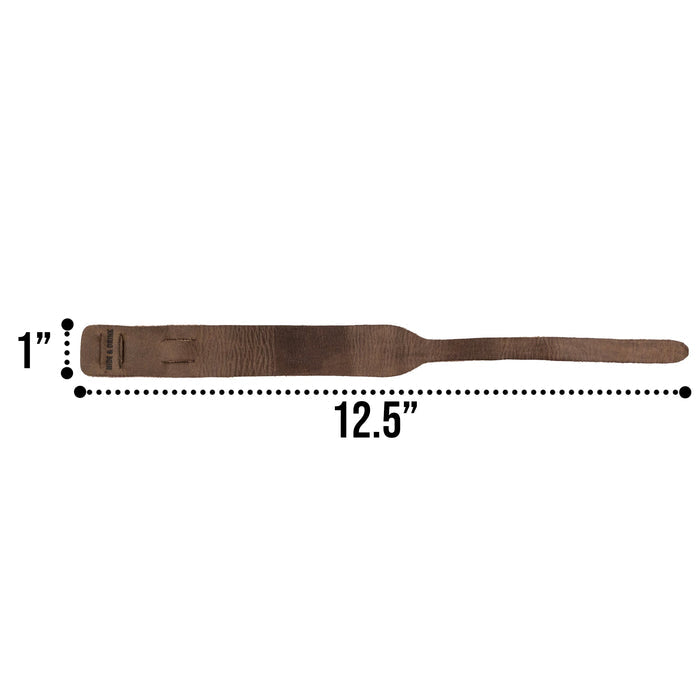 Detailed measurement shot of the Hide & Drink Minimalist Wristband, illustrating its dimensions. Crafted from full grain leather, this rustic wristband features an adjustable strap, showcasing the hand cut and hand sewn quality. A stylish cuff by StockyardX, reflecting artisan craftsmanship made in La Antigua Guatemala.