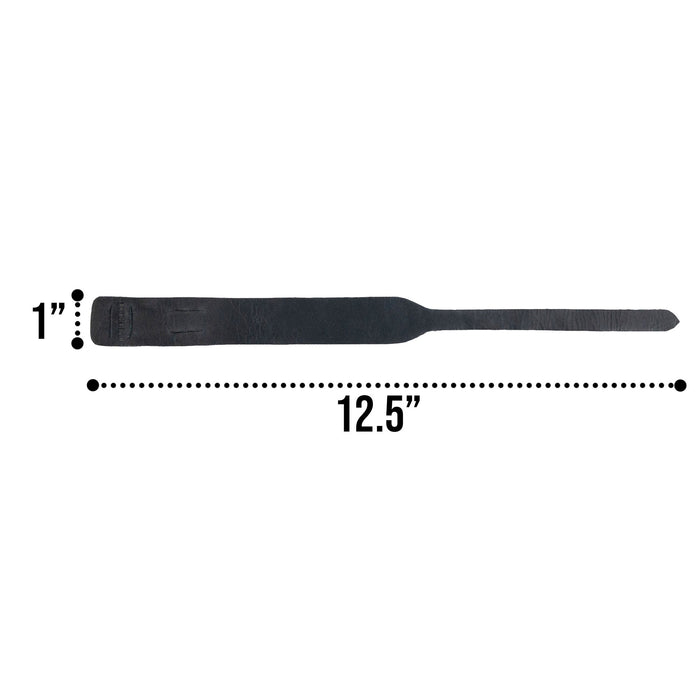 Detailed measurement of the black Hide & Drink Minimalist Wristband, displaying its dimensions and adjustable design. Crafted from premium full grain leather, this rustic bracelet is handmade by artisans in La Antigua Guatemala, epitomizing the quality of StockyardX's products.