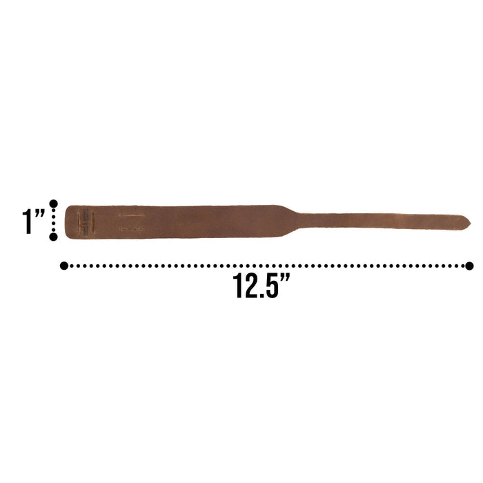 Detailed measurement of the light brown Hide & Drink Minimalist Wristband emphasizing the adjustable features and dimensions. Handcrafted from full grain leather, this rustic bracelet showcases the artisan quality and small batch production by StockyardX in La Antigua Guatemala.
