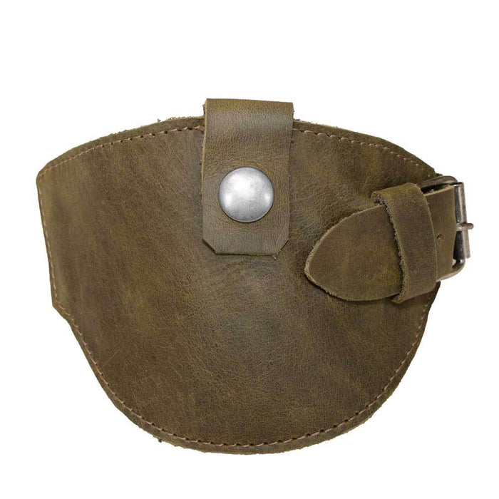 Front view of the olive green Motorcycle Boot Protector by Hide & Drink, showcasing its stylish yet sturdy buckle closure for effective shoe protection. Made from rustic full grain leather, this biker gear exemplifies small batch production and artisan craftsmanship, handmade in La Antigua Guatemala.