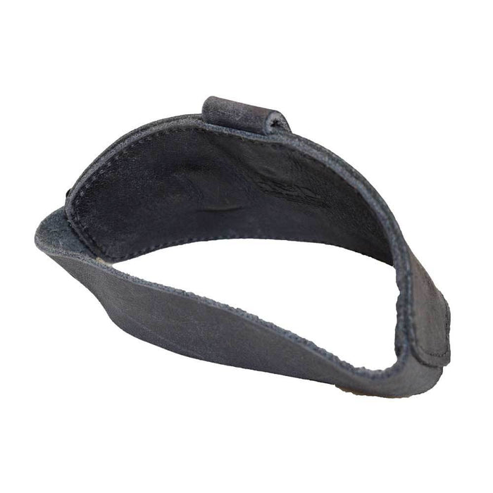 Inside view of the Motorcycle Boot Protector in black, skillfully made by Hide & Drink. This product combines style with function, effectively protecting your shoe from the shifter while showcasing the rustic full grain leather and artisan craftsmanship from La Antigua Guatemala.