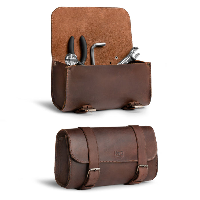 Hide & Drink Leather Motorcycle Tool Bag featuring durable Full Grain Leather, ideal for motorcyclists needing a reliable Biker Bag for Tools and Essentials. This Handlebar Bag with Adjustable Straps acts as a perfect Tool Organizer, made through Small Batch Production, Hand Cut and Hand Sewn by artisans in La Antigua Guatemala & Oaxaca Mexico.