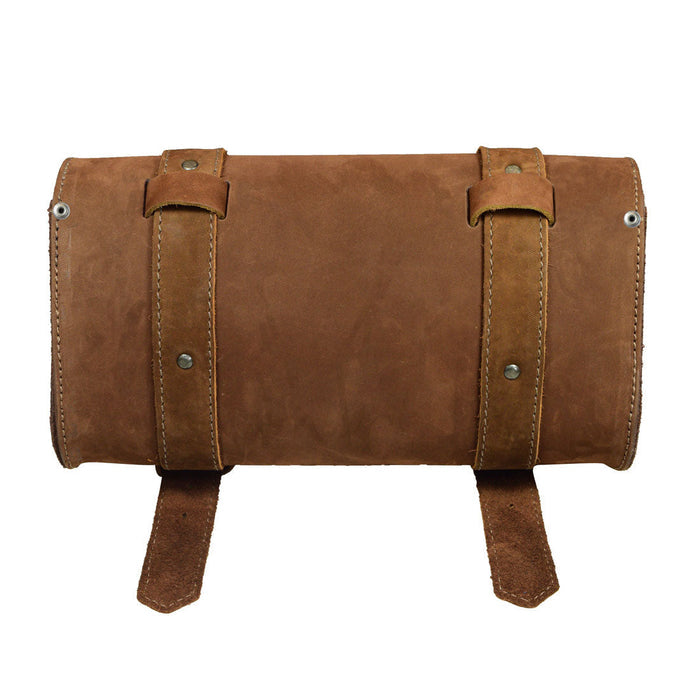 Hide & Drink Leather Motorcycle Tool Bag ready to secure on a bike, made from rich Full Grain Leather, tailored for aficionados looking for a rugged Biker Bag for Tools and Essentials. It features a Handlebars configuration with Adjustable Straps, functioning effectively as a Tool Organizer, handcrafted by artisans in La Antigua Guatemala & Oaxaca Mexico.