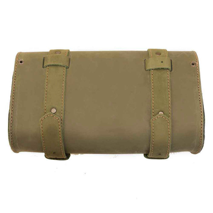 Hide & Drink Leather Motorcycle Tool Bag featuring refined leather texture, perfect for enthusiasts needing a sturdy Biker Bag for Tools and Essentials. This effective Handlebar Bag with Adjustable Straps also serves dutifully as a Tool Organizer, authentically handmade in La Antigua Guatemala & Oaxaca Mexico.