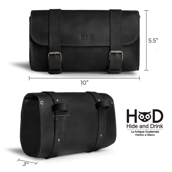 Hide & Drink Leather Motorcycle Tool Bag crafted with care from quality Full Grain Leather, perfect for those in need of a rugged Biker Bag for Tools and Essentials. This sophisticated Handlebar Bag with Adjustable Straps functions as an efficient Tool Organizer, showcasing skills from artisans in La Antigua Guatemala & Oaxaca Mexico.