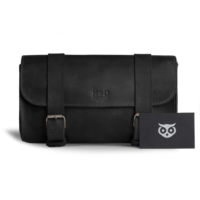 Hide & Drink Leather Motorcycle Tool Bag design displayed highlighting its craftsmanship in Full Grain Leather, suited for any biker needing a dependable Biker Bag for Tools and Essentials. This practical Handlebar Bag with Adjustable Straps also serves splendidly as a Tool Organizer, handmade in La Antigua Guatemala & Oaxaca Mexico.