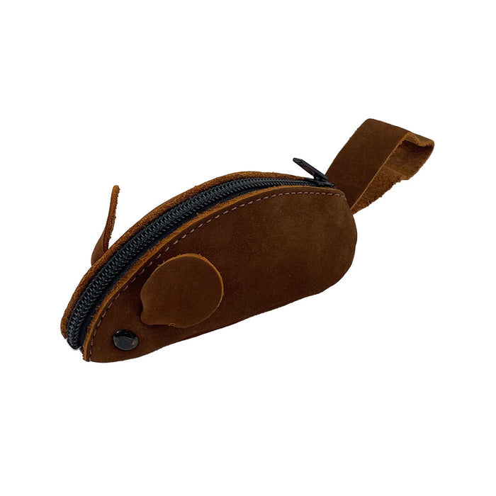 Detailed image of the Hide & Drink Mouse Coin Pouch, showcasing its charming Mouse design. This delightful Change Pouch functions as a Pocket Case for Coins and a fabulous Travel Accessory, made from high-quality Full Grain Leather.