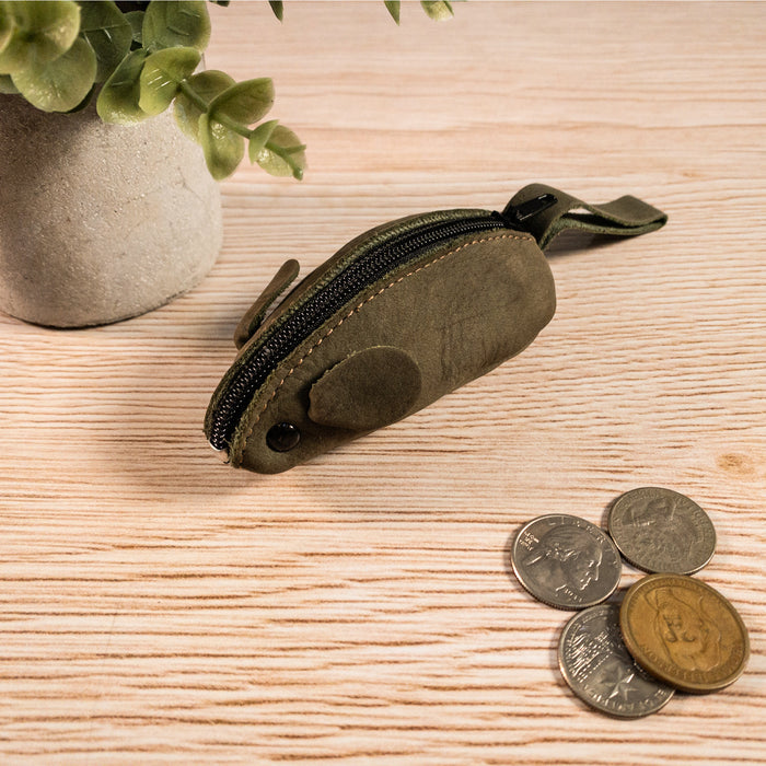Hide & Drink Mouse Coin Pouch on display, showcasing its playful design. This Mouse-Shaped Coin Pouch is a charming Change Pouch and handy Pocket Case for Coins, made of premium Full Grain Leather for any travel accessory needs.