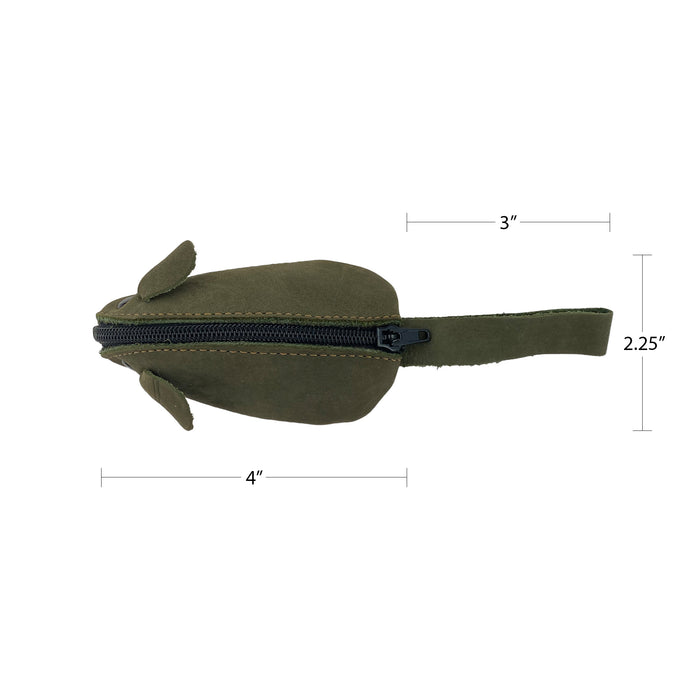 Hide & Drink Mouse Coin Pouch in olive green, showcasing another color option in the Mouse-Shaped Coin Pouch collection. This trendy Change Pouch doubles as a Pocket Case for Coins, crafted from splendid Full Grain Leather.
