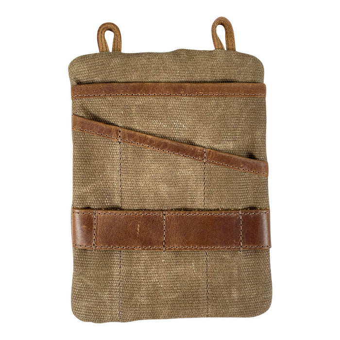 Back view of the Multi-tool Pocket Pouch - XL by Hide & Drink displaying multiple sleeve pockets for organizing tools and essentials, highlighting this handmade slim organizer crafted from waxed canvas. Multi-Tool Pocket Pouch XL, Compact Multipurpose EDC Zippered Bag, Knife Holster, Hand Cut, Hand Sewn, Artisan, Handmade in La Antigua Guatemala & Oaxaca Mexico.