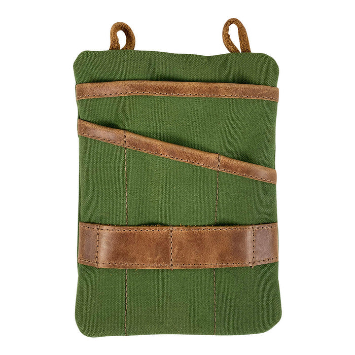 Back view of the green Multi-tool Pocket Pouch - XL by Hide & Drink with its sleeve pockets ideal for holding tools securely, showcasing craftsmanship. Multi-Tool Pocket Pouch XL, Mini Camping Tool Case, Compact Multipurpose EDC Zippered Bag, Handmade Slim Organizer, Waxed Canvas, StockyardX, Small Batch Production, Artisan, Handmade in La Antigua Guatemala & Oaxaca Mexico.