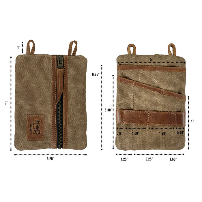 Dimensions of the Multi-tool Pocket Pouch - XL by Hide & Drink shown visually, illustrating its compact design suitable for various tools, ideal for outdoor use. Multi-Tool Pocket Pouch XL, Mini Camping Tool Case, Compact Multipurpose EDC Zippered Bag, Handmade Slim Organizer, Waxed Canvas, StockyardX, Small Batch Production, Artisan, Handmade in La Antigua Guatemala & Oaxaca Mexico.