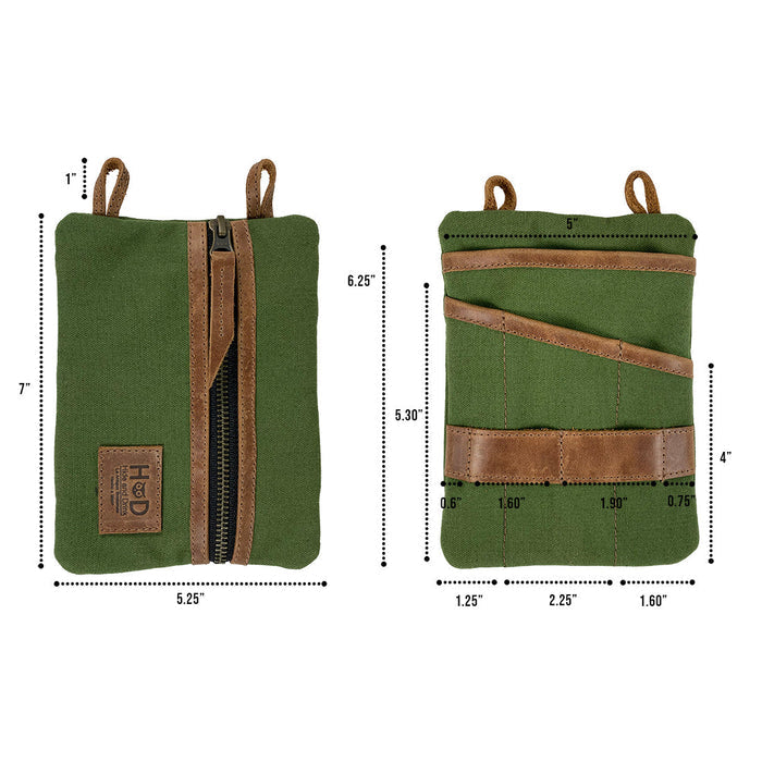 Multi-tool Pocket Pouch - XL by Hide & Drink with a business card, a perfect gift option incorporating practicality and style. Multi-Tool Pocket Pouch XL, Compact Multipurpose EDC Zippered Bag, Knife Holster, Handmade Slim Organizer, Waxed Canvas, StockyardX, Small Batch Production, Artisan, Handmade in La Antigua Guatemala & Oaxaca Mexico.