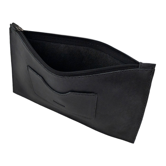 Interior view of a black rectangular zippered handbag by Hide & Drink, showcasing its spacious design. This female purse features a convenient card slot and is crafted from full grain leather, highlighting the careful artisan work synonymous with small batch production, made in La Antigua Guatemala & Oaxaca Mexico.