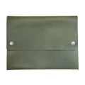Front view of Hide & Drink's olive green Multipurpose Portfolio, showcasing its Full Grain Leather craft, ideal for storing tablets, phones, and field notes with style. Handmade in La Antigua Guatemala & Oaxaca Mexico.