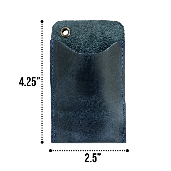 Hide & Drink's Multitool Pocket Sleeve EDC, displaying its blue leather design along with a business card. This product reflects artisan quality and small batch production, demonstrating the best practices of skilled craftsmen from La Antigua Guatemala.