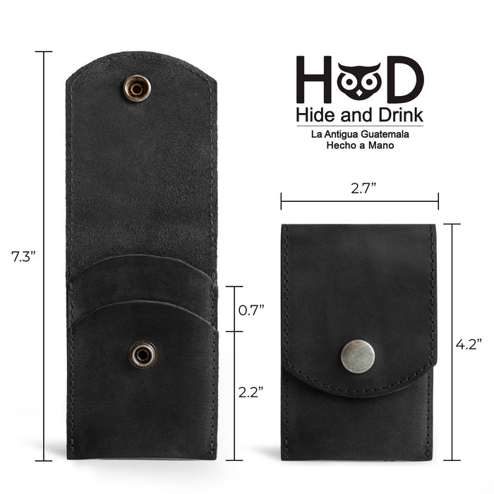 Dimensions of the black Hide & Drink Nail Clipper Case shown, illustrating its practical size for travel. This full grain leather case is a perfect travel accessory, handmade with artisan quality through small batch production, hand cut, hand sewn, and fire branded, made in La Antigua Guatemala & Oaxaca Mexico.