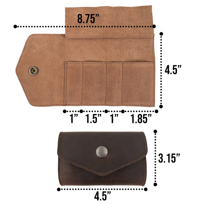 Dimensions of the Nail Clipper Roll Case by The Stockyard Exchange displayed to show its compact and functional structure. This quality Full Grain Leather case is the perfect Nail Clipper Set Case and a must-have travel accessory. Artisan-crafted in La Antigua Guatemala, with hand-cut and fire branded details in a small batch production.