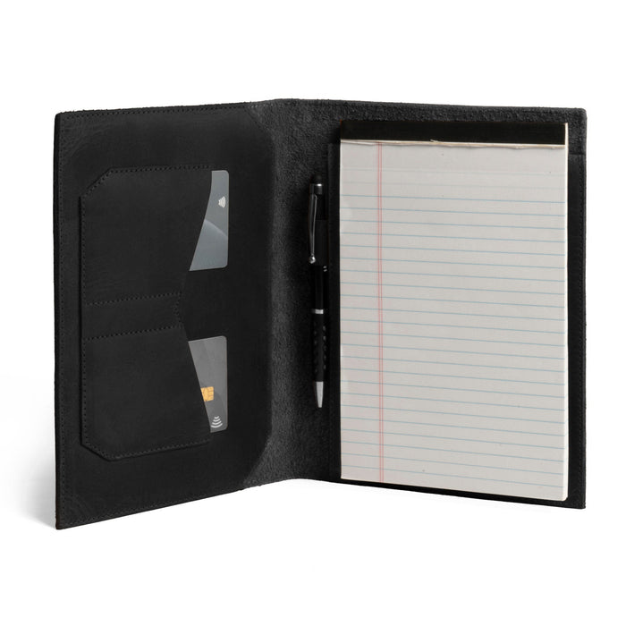 Black Leather Worx Notepad Case 5 x 8 In. opened to reveal inner compartments for notes and cards, made from high-quality leather. Notepad Cover (5 x 8 In. Notepad Not Included) Sturdy, Durable Material Perfect for Storing Journal, Full Grain Leather, StockyardX, Small Batch Production, Hand Cut, Hand Sewn, Fire Branded, Artisan, Handmade in La Antigua Guatemala & Oaxaca Mexico.